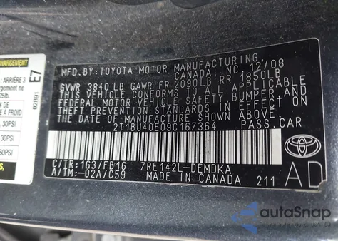 2009 Toyota Corolla from USA, damaged, VIN 2T1BU40E09C167364
